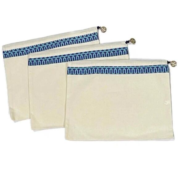 NEW 3 Tory Burch Canvas Drawstring Dust Bag Storage Travel Gold Logo Charm Pull - Picture 1 of 5
